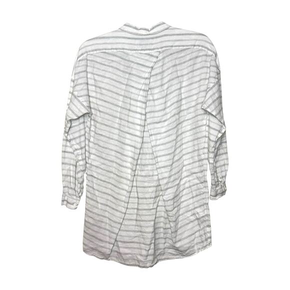 AYR 100% Linen Long Sleeve Tunic Shirt Women S White‎ Gray Striped Lagenlook - Picture 2 of 7
